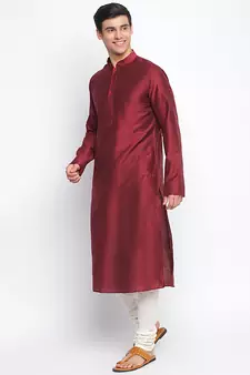 Maroon Cotton Silk plain Straight men kurta With Churidar
