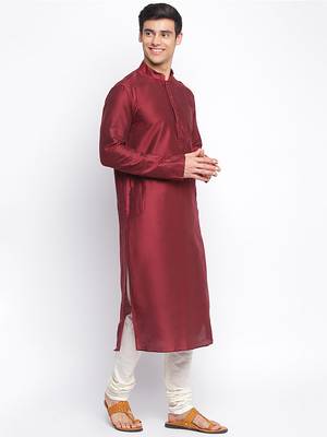 Maroon Cotton Silk plain Straight men kurta With Churidar 3