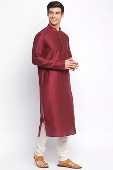 Maroon Cotton Silk plain Straight men kurta With Churidar