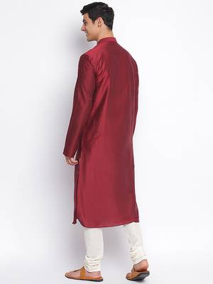 Maroon Cotton Silk plain Straight men kurta With Churidar 4