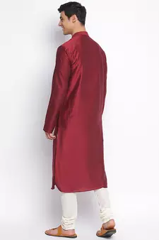 Maroon Cotton Silk plain Straight men kurta With Churidar
