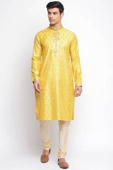 Yellow Art Silk Woven Straight men kurta With Churidar