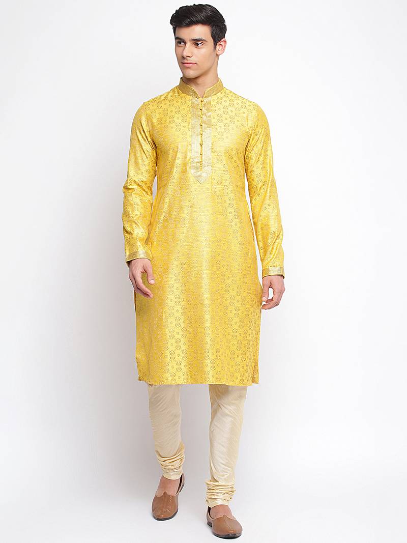 Yellow Art Silk Woven Straight men kurta With Churidar