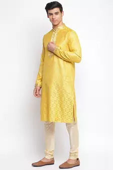 Yellow Art Silk Woven Straight men kurta With Churidar