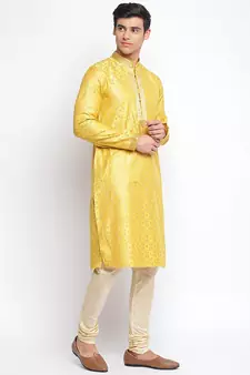 Yellow Art Silk Woven Straight men kurta With Churidar