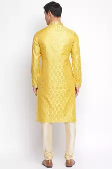 Yellow Art Silk Woven Straight men kurta With Churidar