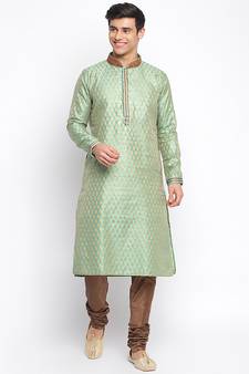 Green Art Silk Woven Straight men kurta With Churidar