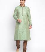 Green Art Silk Woven Straight men kurta With Churidar
