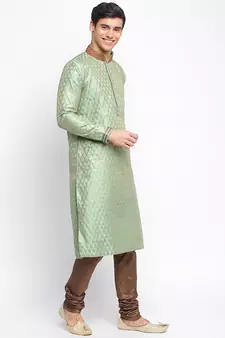 Green Art Silk Woven Straight men kurta With Churidar