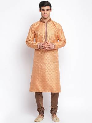 Peach Art Silk Woven Straight men kurta With Churidar 1