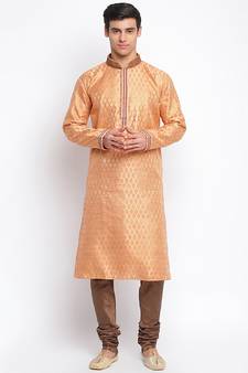 Peach Art Silk Woven Straight men kurta With Churidar