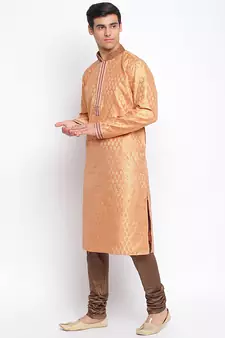 Peach Art Silk Woven Straight men kurta With Churidar