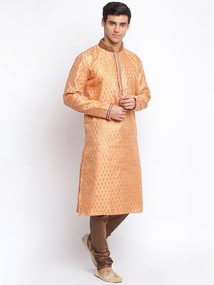 Peach Art Silk Woven Straight men kurta With Churidar 3