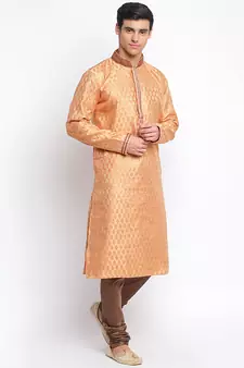 Peach Art Silk Woven Straight men kurta With Churidar