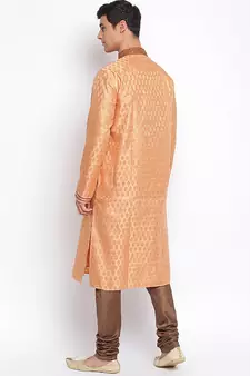 Peach Art Silk Woven Straight men kurta With Churidar