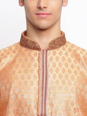 Peach Art Silk Woven Straight men kurta With Churidar 5