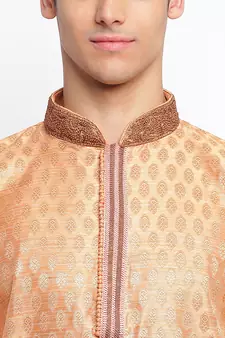 Peach Art Silk Woven Straight men kurta With Churidar