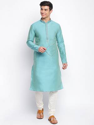 Ocean Blue Art Silk plain Straight men kurta With Churidar 1