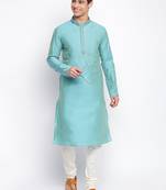 Ocean Blue Art Silk plain Straight men kurta With Churidar