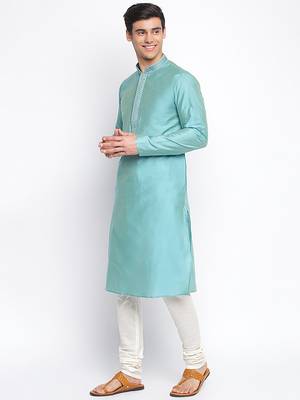 Ocean Blue Art Silk plain Straight men kurta With Churidar 2