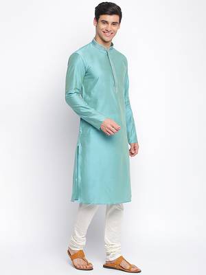 Ocean Blue Art Silk plain Straight men kurta With Churidar 3
