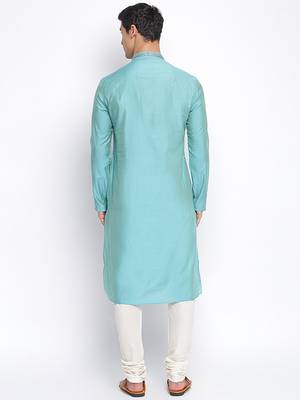Ocean Blue Art Silk plain Straight men kurta With Churidar 4