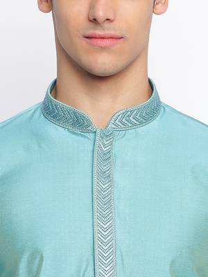 Ocean Blue Art Silk plain Straight men kurta With Churidar 5