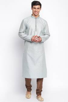 Powder Blue Art Silk Chickenkari Straight men kurta With Churidar