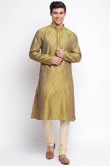 Gold Art Silk Woven Straight men kurta With Churidar