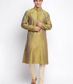 Gold Art Silk Woven Straight men kurta With Churidar