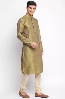 Gold Art Silk Woven Straight men kurta With Churidar