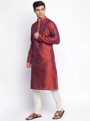 Orange Art Silk Woven Straight men kurta With Churidar 2