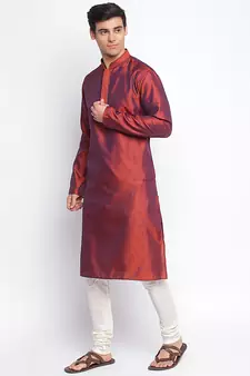Orange Art Silk Woven Straight men kurta With Churidar