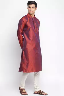 Orange Art Silk Woven Straight men kurta With Churidar