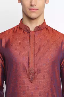 Orange Art Silk Woven Straight men kurta With Churidar