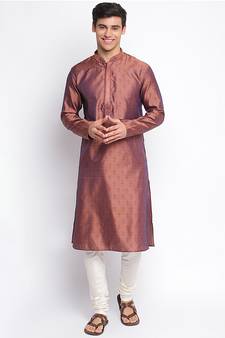 Purple Art Silk Woven Straight men kurta With Churidar