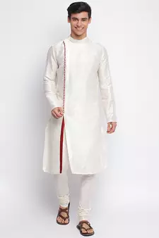 Cream Art Silk plain Straight men kurta With Churidar
