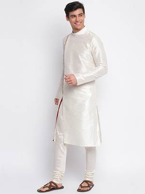 Cream Art Silk plain Straight men kurta With Churidar 2