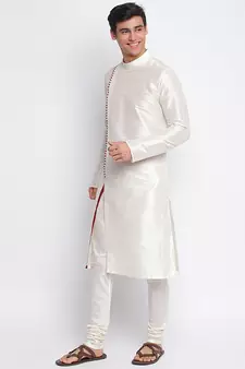 Cream Art Silk plain Straight men kurta With Churidar