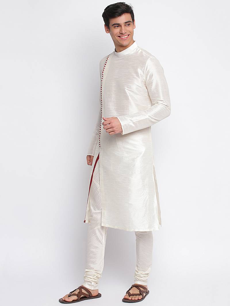 Cream Art Silk plain Straight men kurta With Churidar