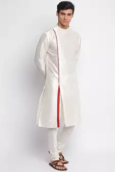 Cream Art Silk plain Straight men kurta With Churidar