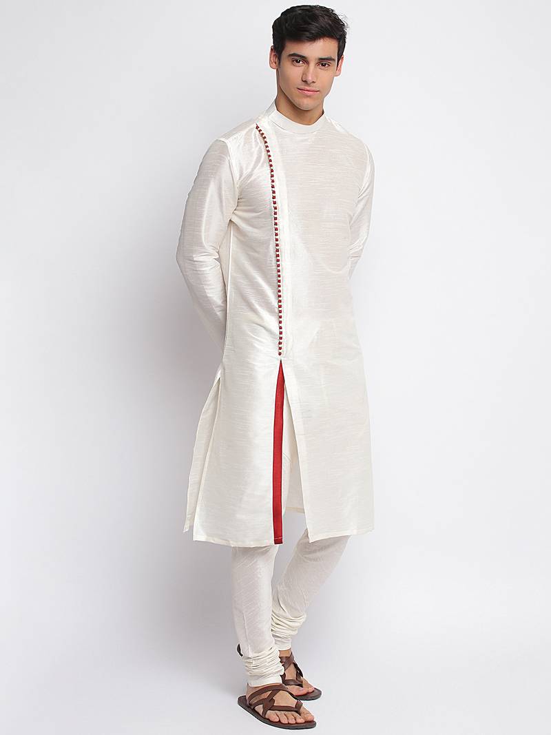 Cream Art Silk plain Straight men kurta With Churidar
