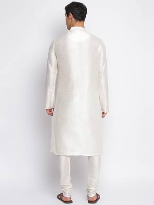 Cream Art Silk plain Straight men kurta With Churidar 4