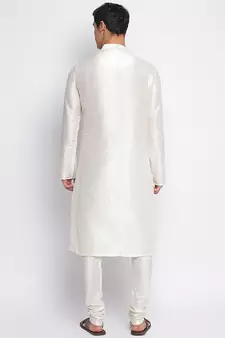 Cream Art Silk plain Straight men kurta With Churidar