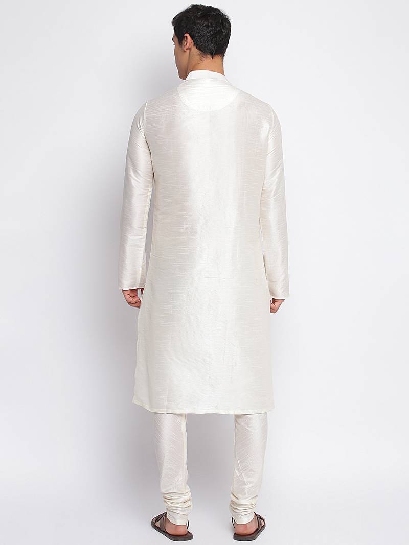 Cream Art Silk plain Straight men kurta With Churidar