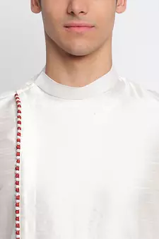 Cream Art Silk plain Straight men kurta With Churidar