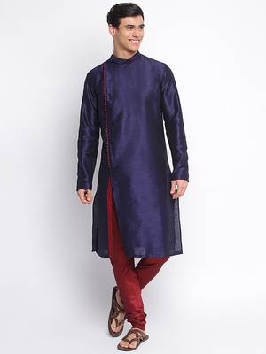 Deep Blue Art Silk plain Straight men kurta With Churidar 1