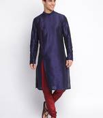Deep Blue Art Silk plain Straight men kurta With Churidar