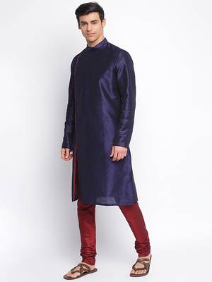 Deep Blue Art Silk plain Straight men kurta With Churidar 2
