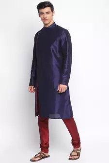 Deep Blue Art Silk plain Straight men kurta With Churidar